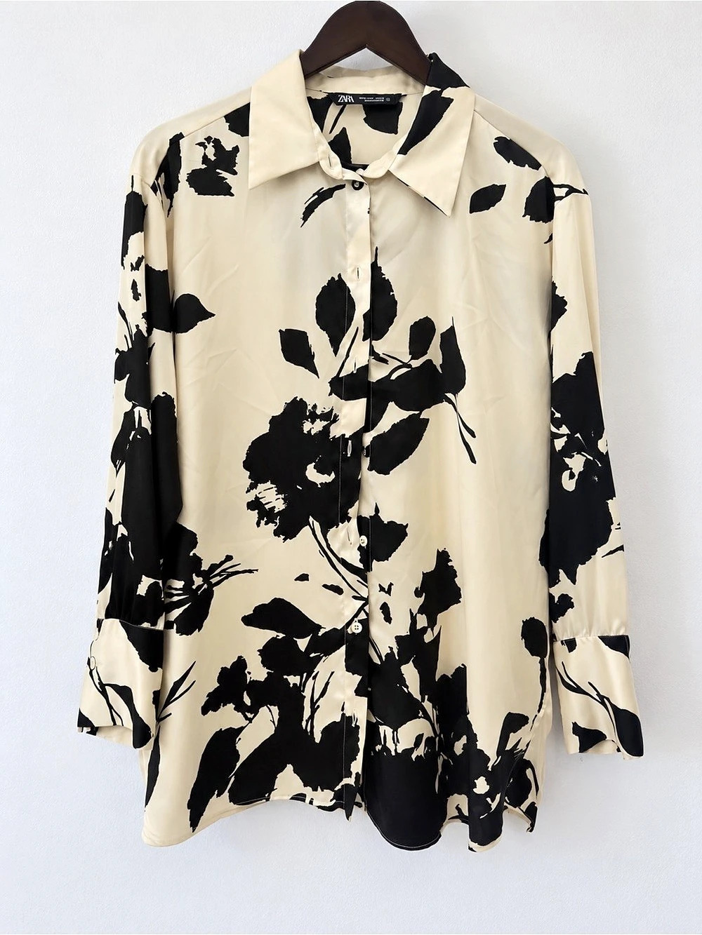 Zara Floral Print Satin Effect Shirt, Cream & Black, Medium